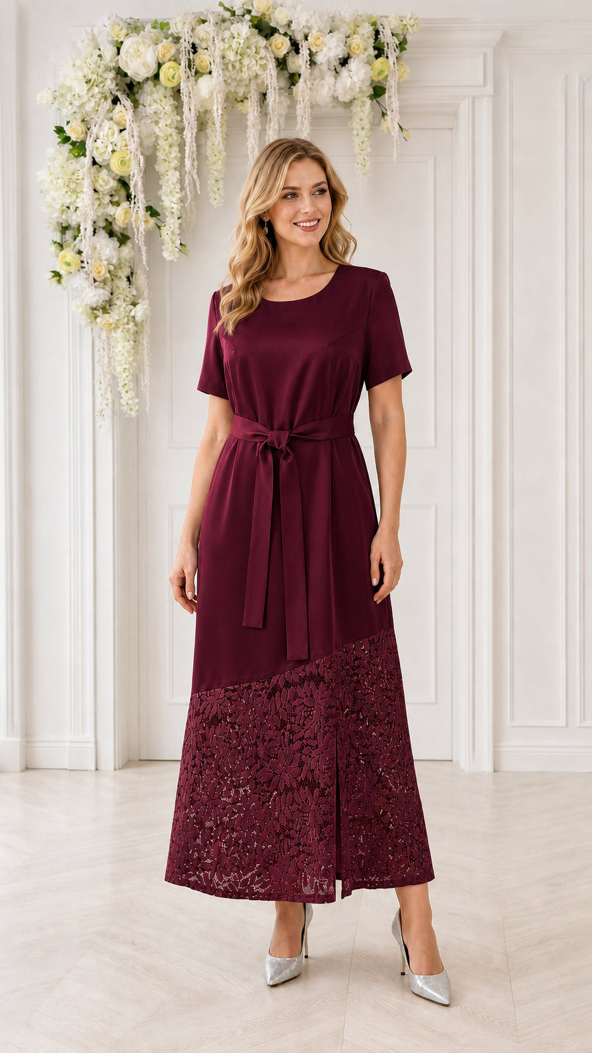 Model wearing burgundy lace-trimmed midi dress