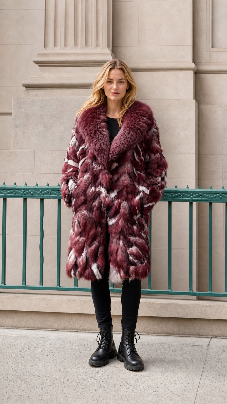 Model wearing deep burgundy faux fur coat