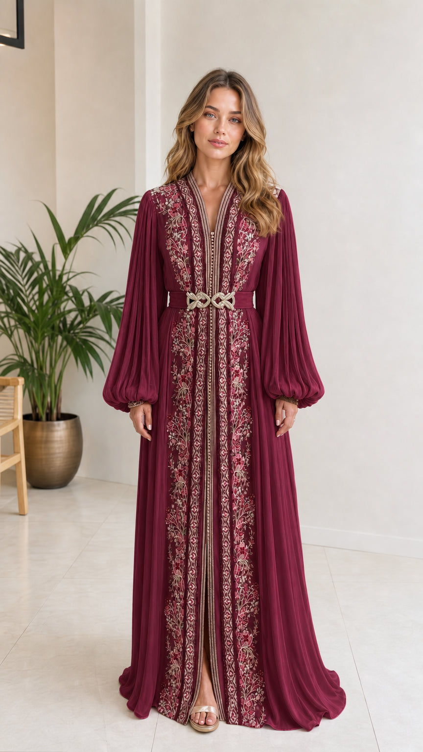 Burgundy wine embroidered kaftan evening gown with pleated skirt