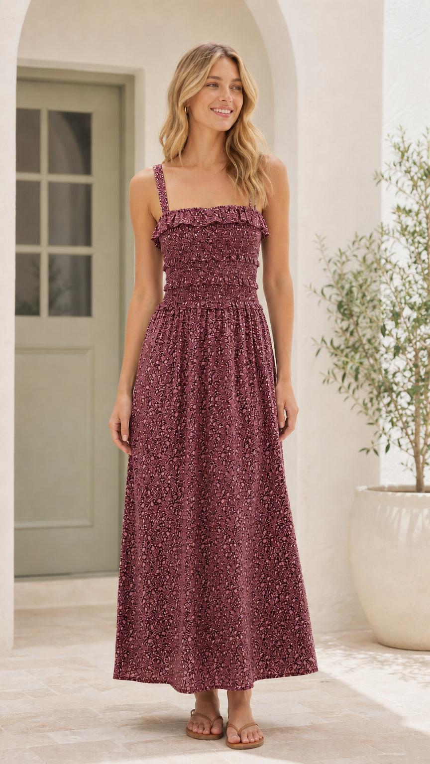 Front view of woman wearing burgundy floral smocked midi dress