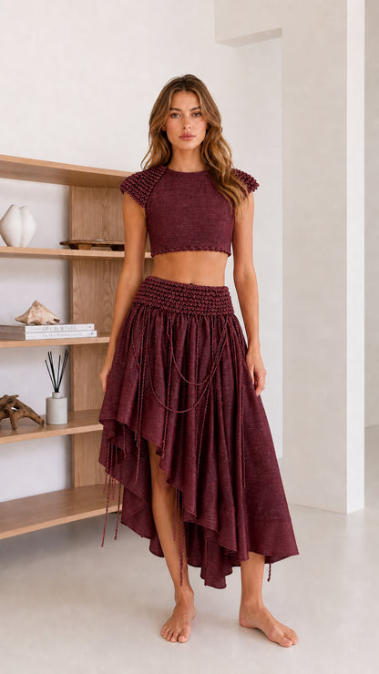 Full front view in burgundy color variant