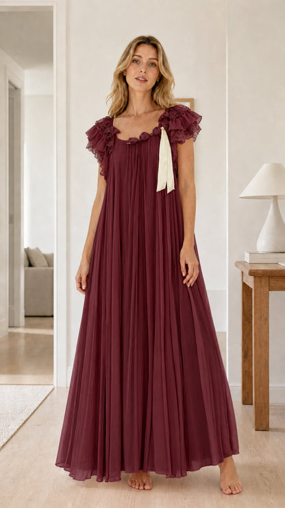 Full front view of burgundy wine pleated maxi nightgown dress with lace flutter sleeves