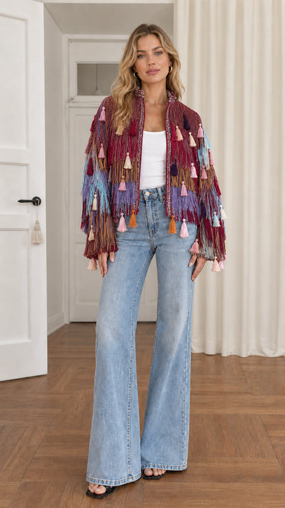 Full-length shot of model wearing burgundy wine multi fringe tassel jacket