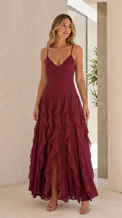 Model wearing Burgundy ruffle chiffon maxi dress