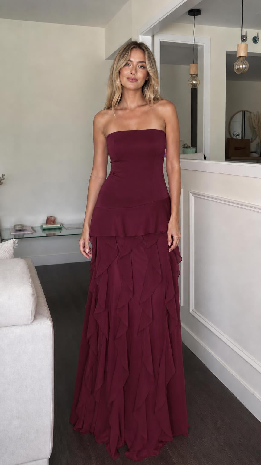 Front view of burgundy strapless ruffle tiered maxi dress