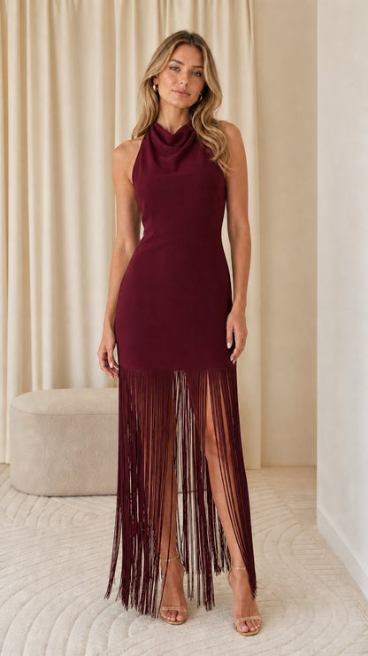 Front view of burgundy cowl neck fringe maxi dress