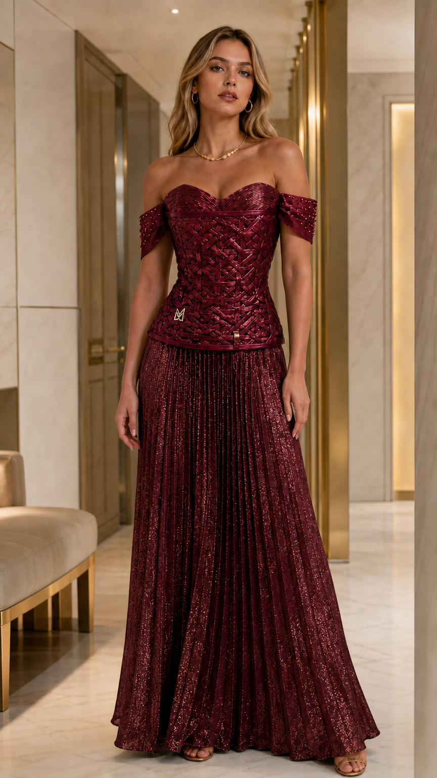 Full view of model wearing burgundy metallic evening gown