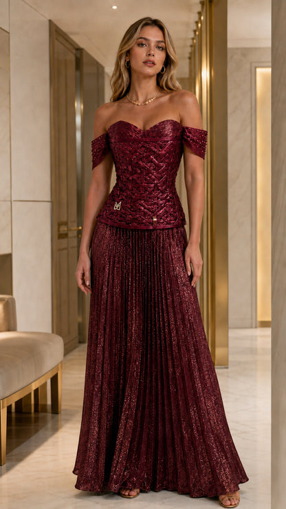 Full view of model wearing burgundy metallic evening gown
