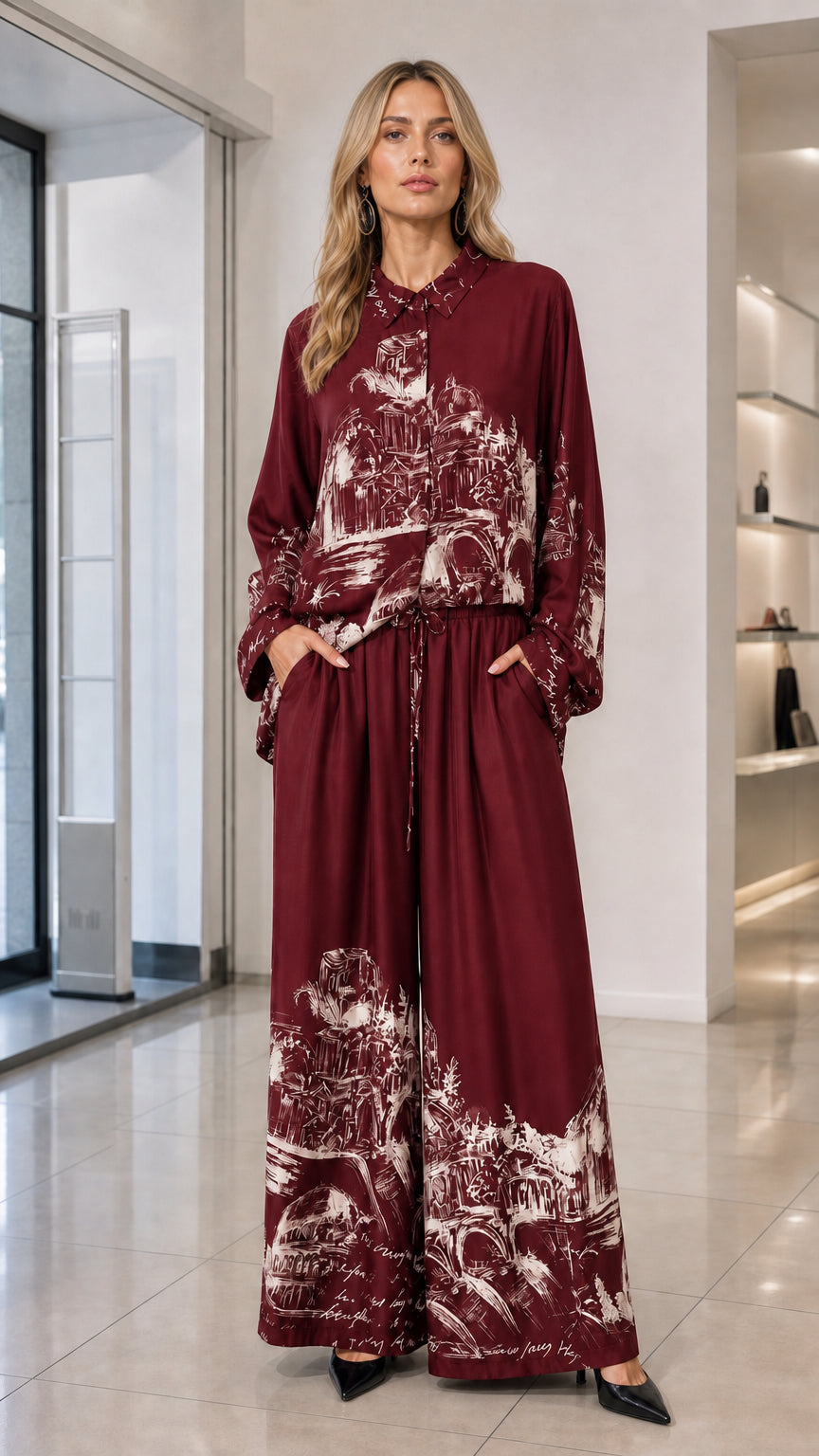 Burgundy wine red architectural sketch graphic shirt and wide-leg pants set