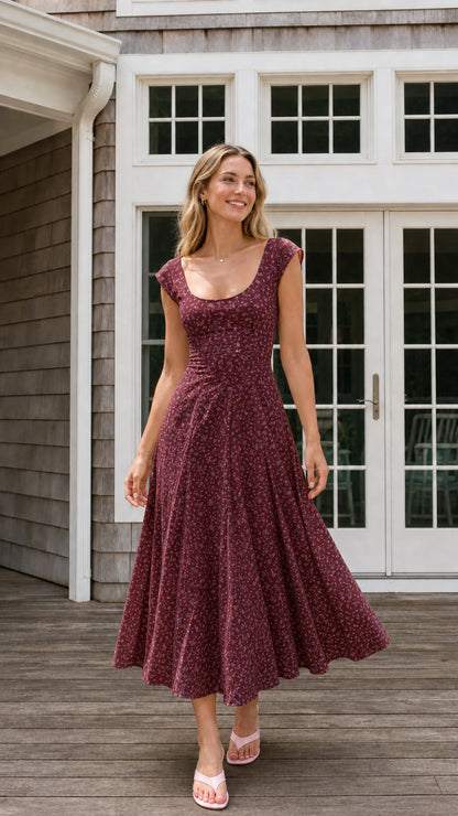 Front view of burgundy floral midi dress on model