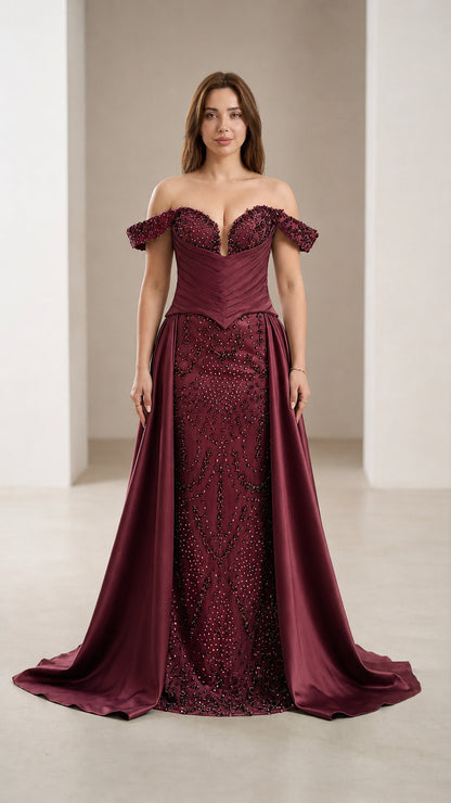 Front view of burgundy beaded formal dress