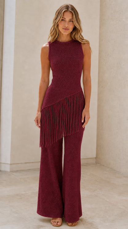 Model wearing the burgundy color variant