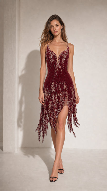 Front view of woman wearing Burgundy beaded fringed midi dress