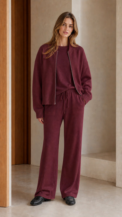 Model wearing burgundy wine 3-piece knit coordinated lounge set