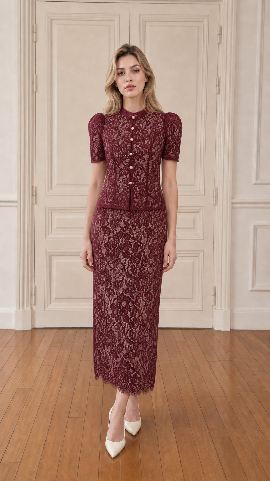 Model wearing burgundy lace two-piece set