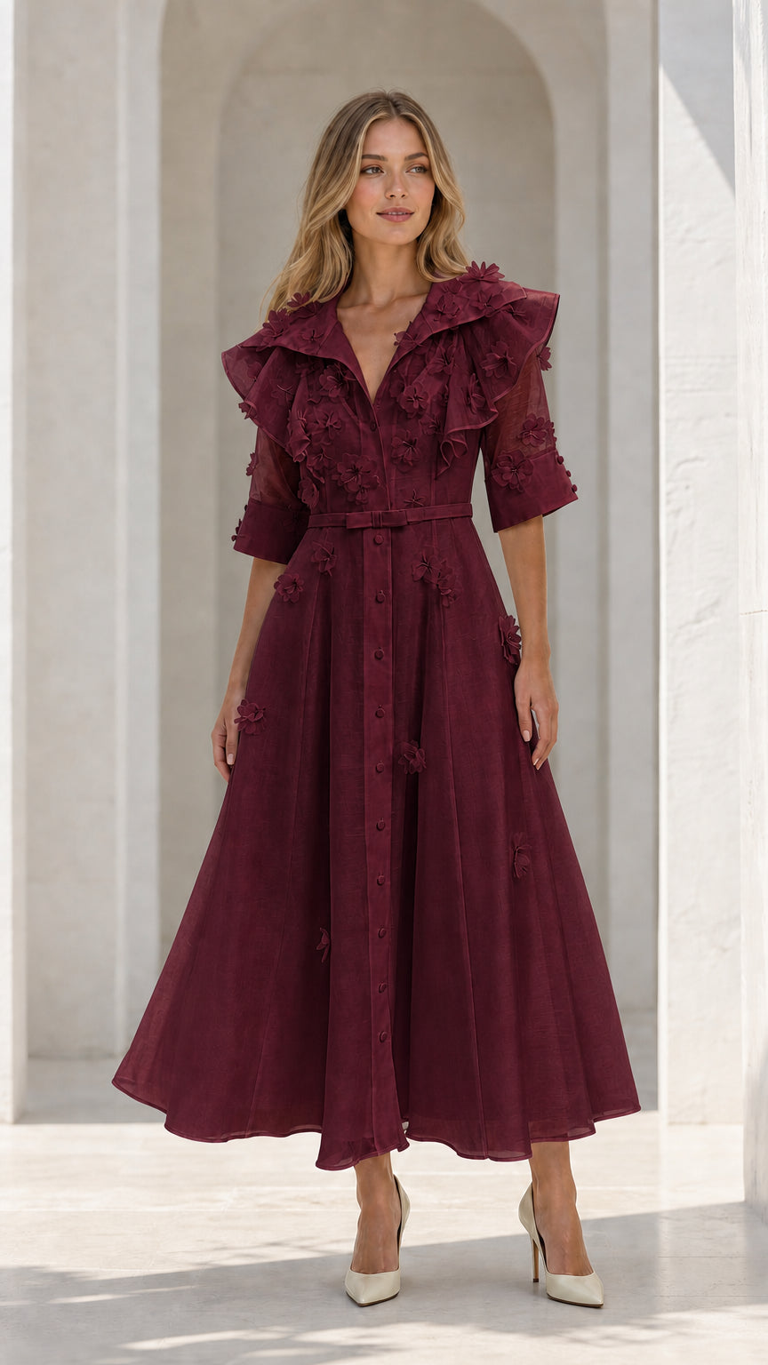 Model wearing burgundy floral applique ruffle midi dress