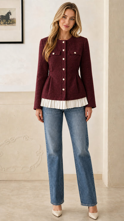 Front view of model wearing burgundy wine tweed peplum jacket with pleated contrast hem