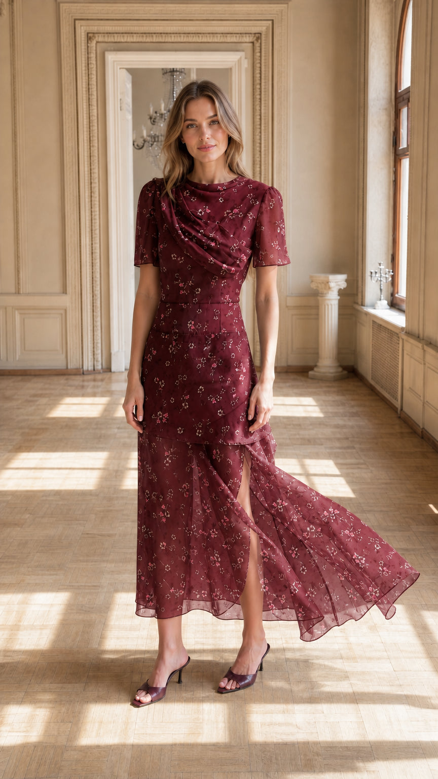Floral Draped Cowl Neck Maxi Dress in Burgundy full front view