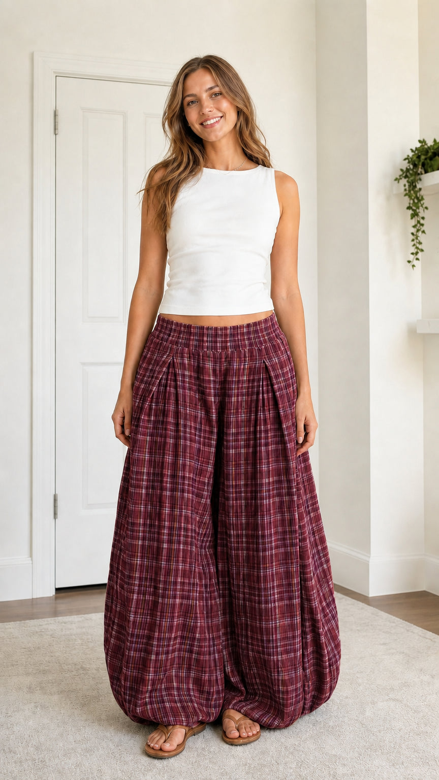 Model wearing Burgundy Plaid relaxed elastic waist balloon pants