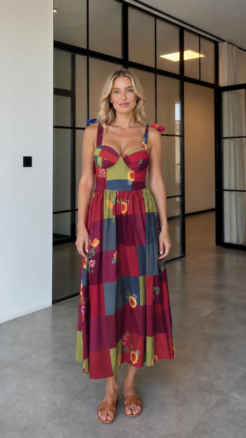 Burgundy variant of patchwork floral midi dress