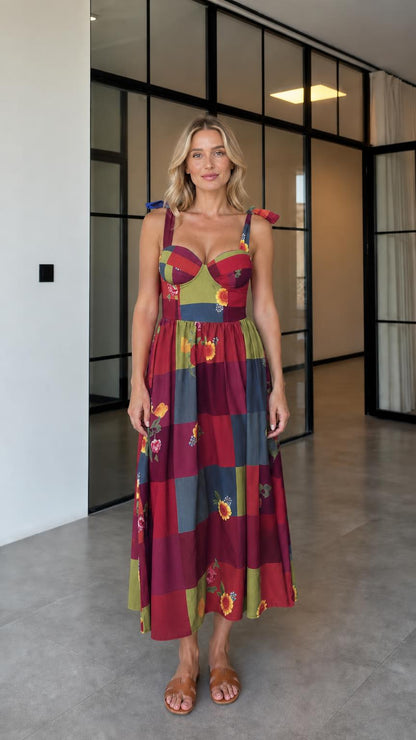 Burgundy variant of patchwork floral midi dress