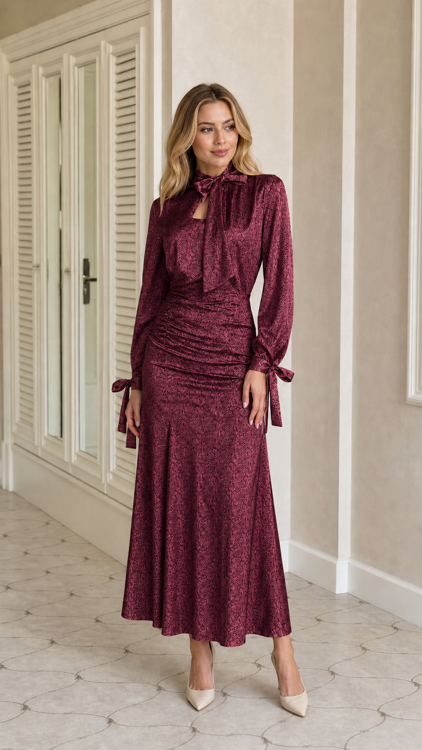 Full front view of burgundy satin snakeskin print tie-neck maxi dress