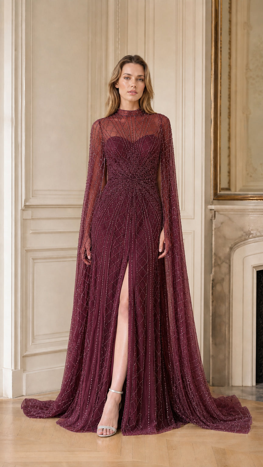 Front view of burgundy beaded cape sleeve evening dress