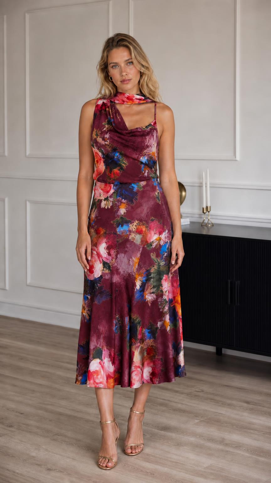 Model wearing burgundy floral print satin midi dress