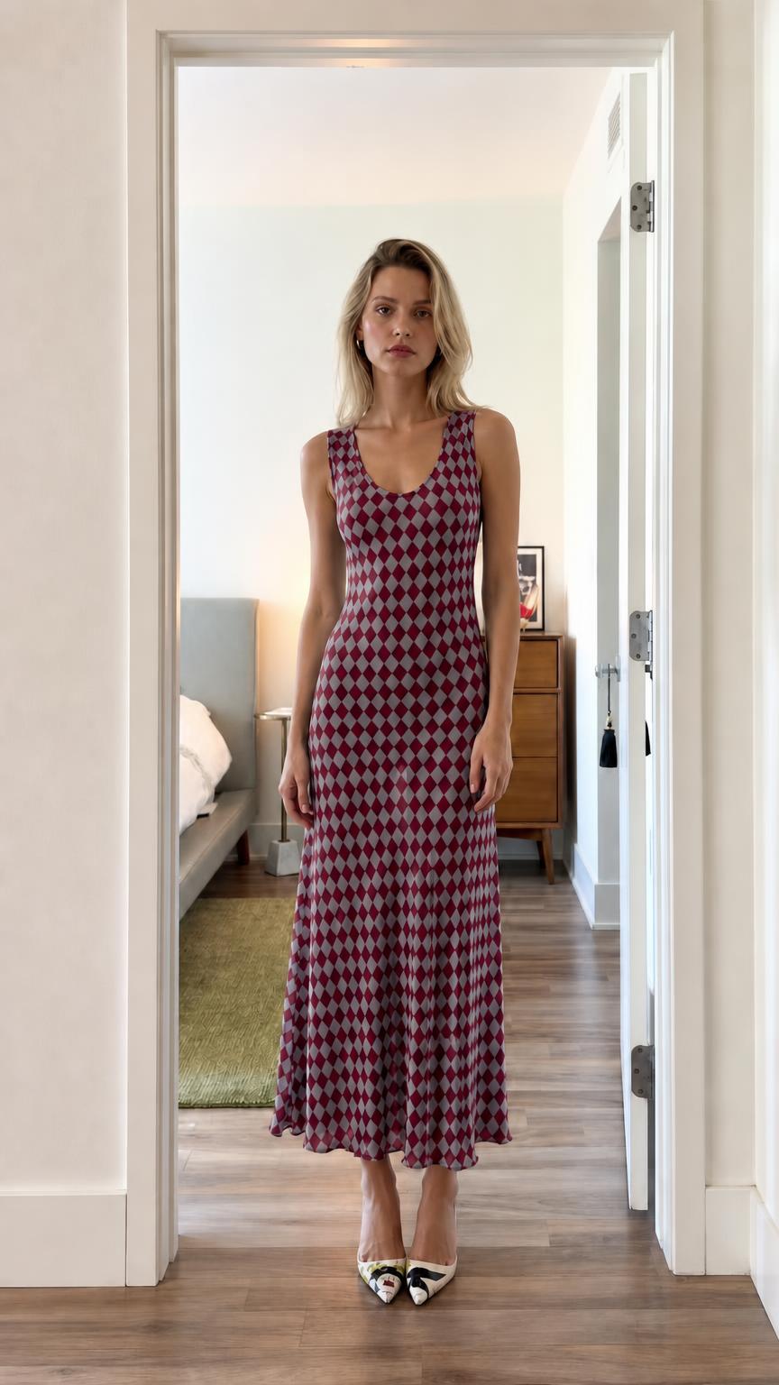 Front view of model wearing burgundy argyle dress