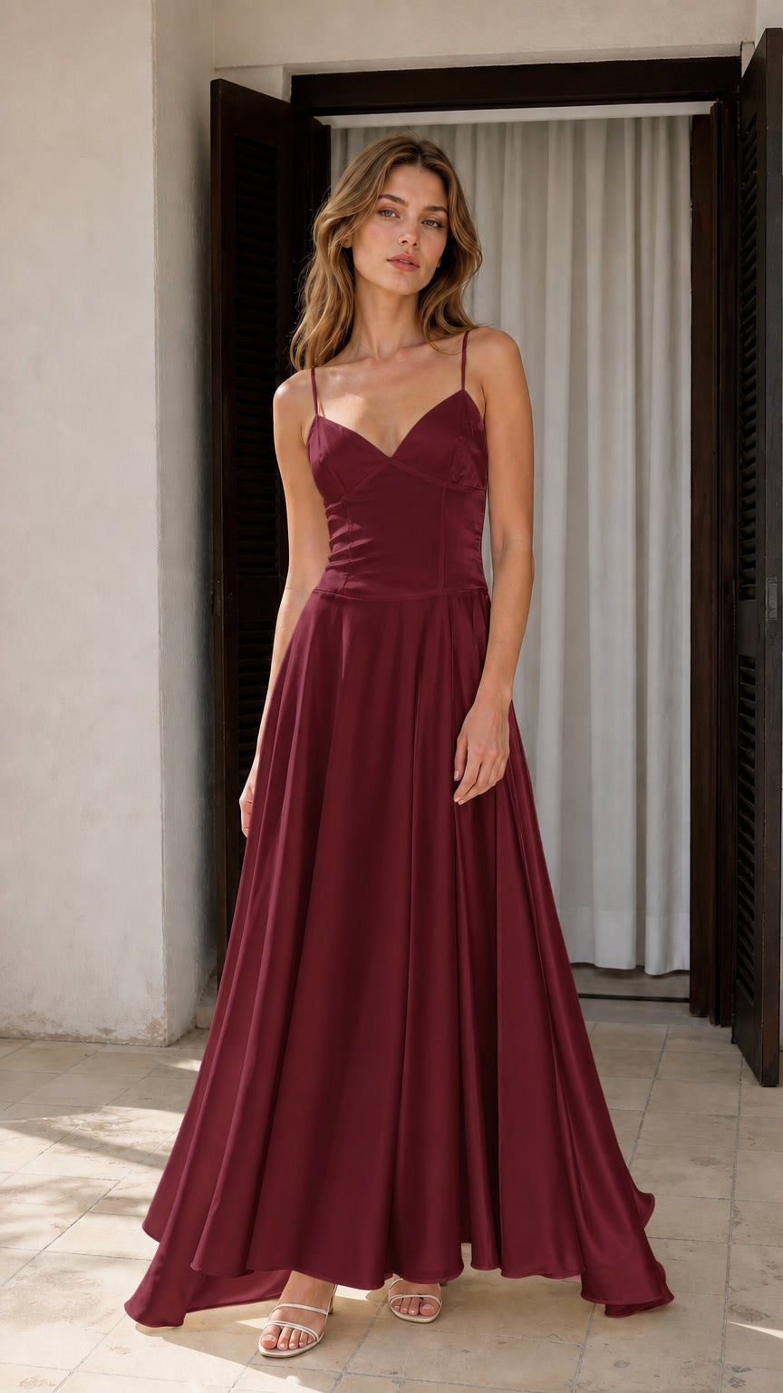 Front view of Burgundy wine red satin spaghetti strap maxi gown