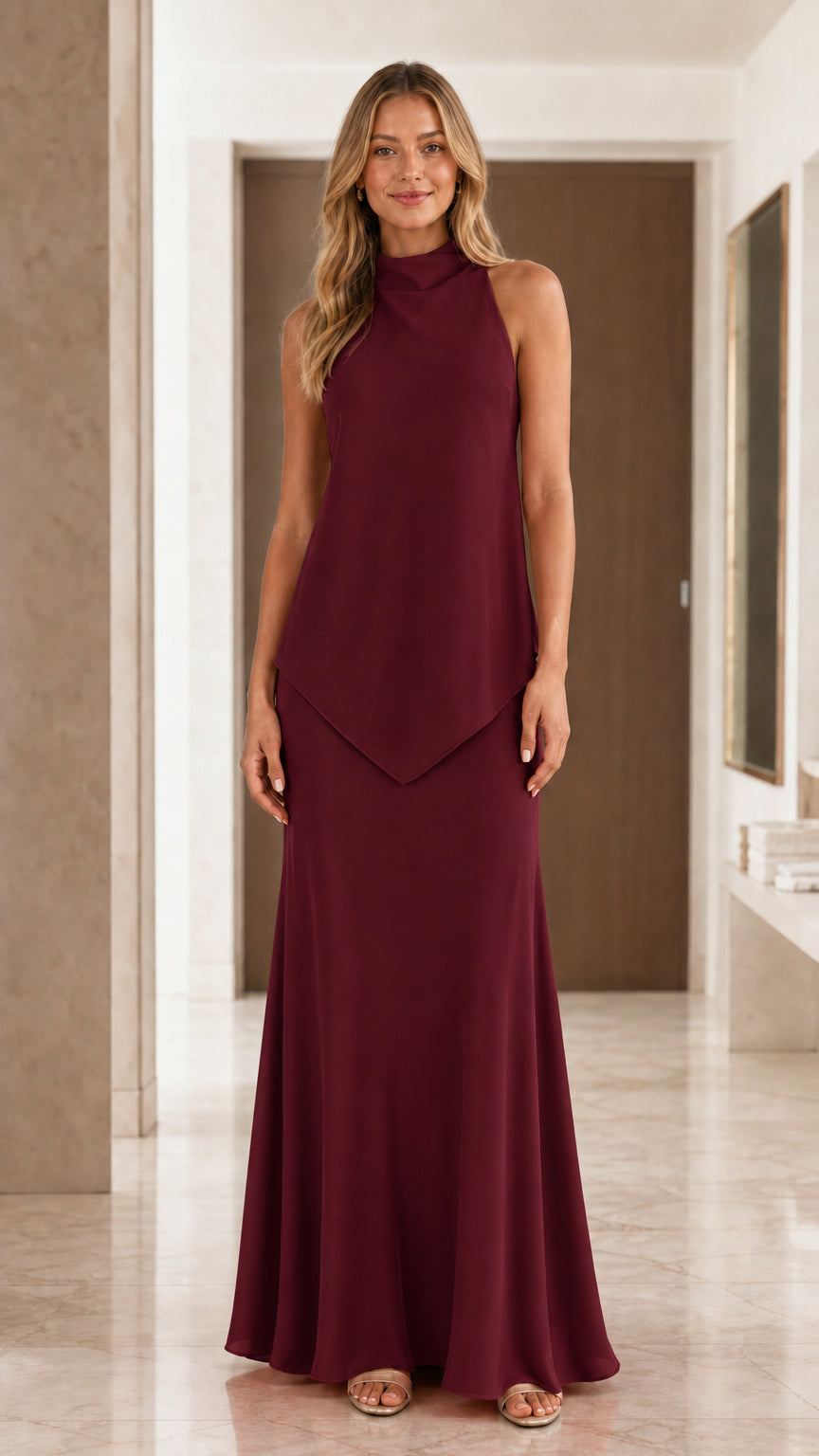 Front view of model wearing burgundy evening maxi dress