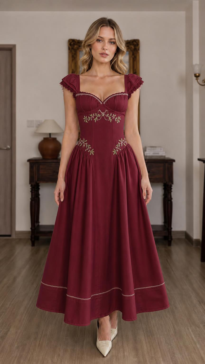 Front view of Burgundy color variant midi dress