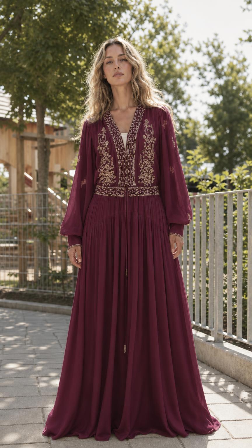 Front view of Burgundy bohemian embroidered long-sleeve maxi dress