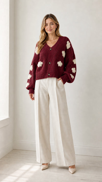 Model wearing burgundy red chunky knit V-neck cardigan with white floral appliqués