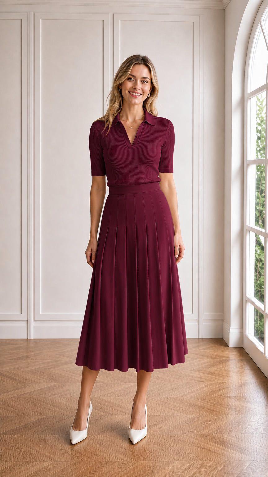 Model wearing burgundy wine pleated midi skirt and matching knit top