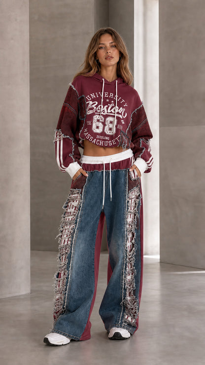 Burgundy denim patchwork cropped hoodie and wide leg sweatpants set