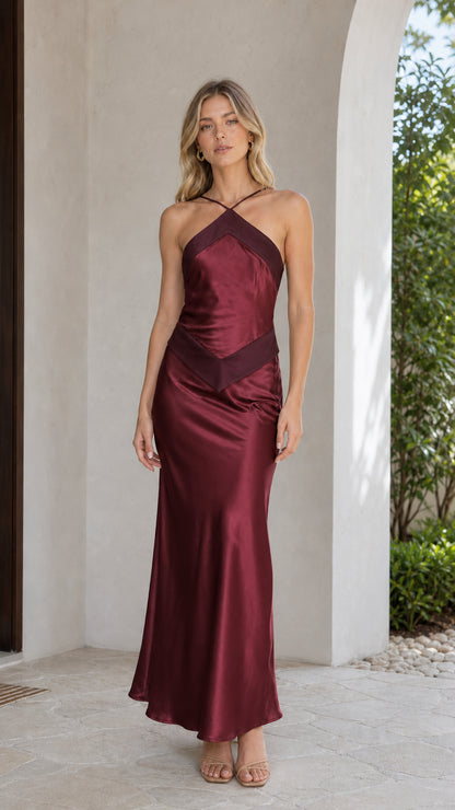 Front view of burgundy satin halter maxi dress