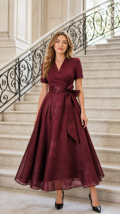 Front view of burgundy midi dress variant
