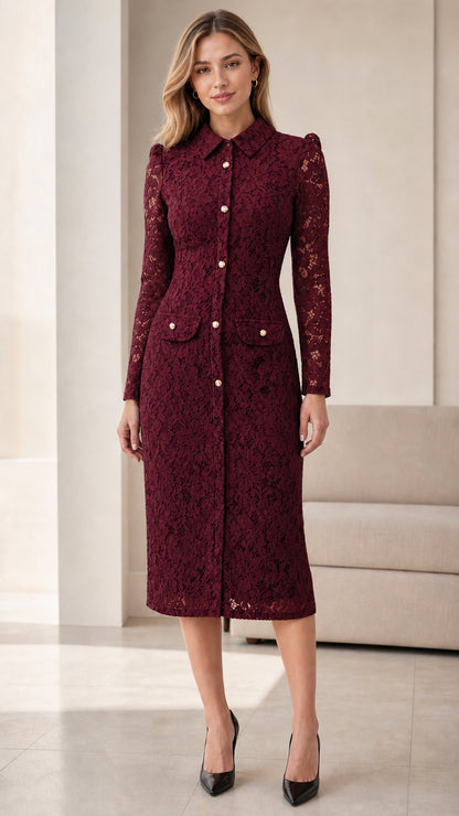 Full front view of burgundy lace midi dress