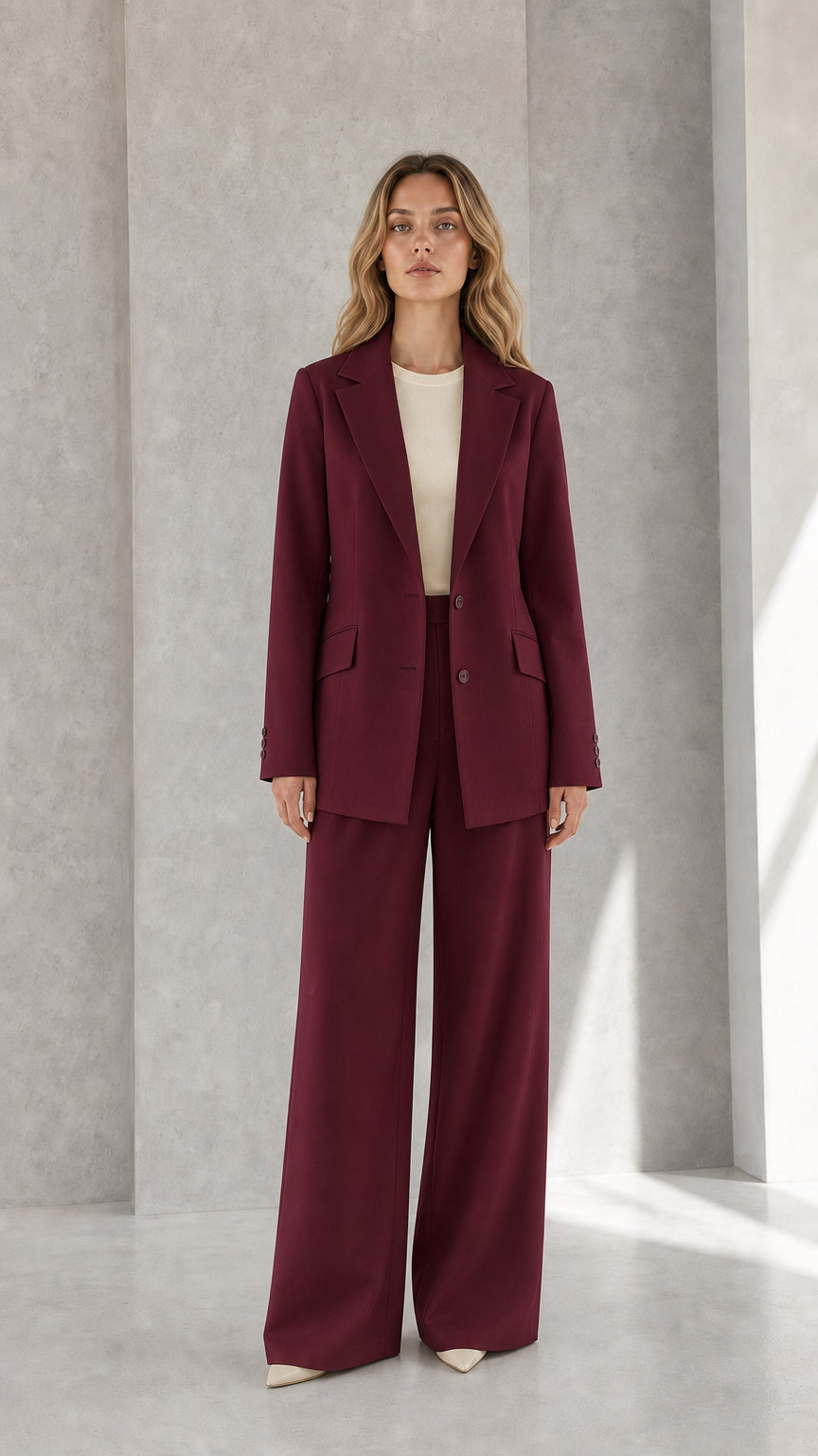 Woman wearing burgundy wine colored tailored blazer and trouser suit set