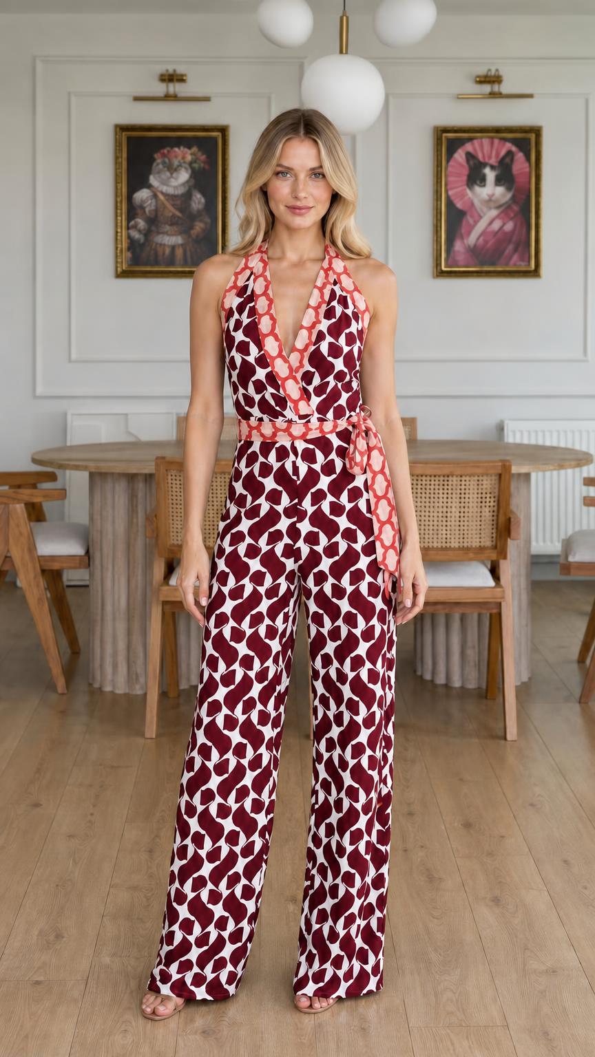 Front view of burgundy color variant jumpsuit