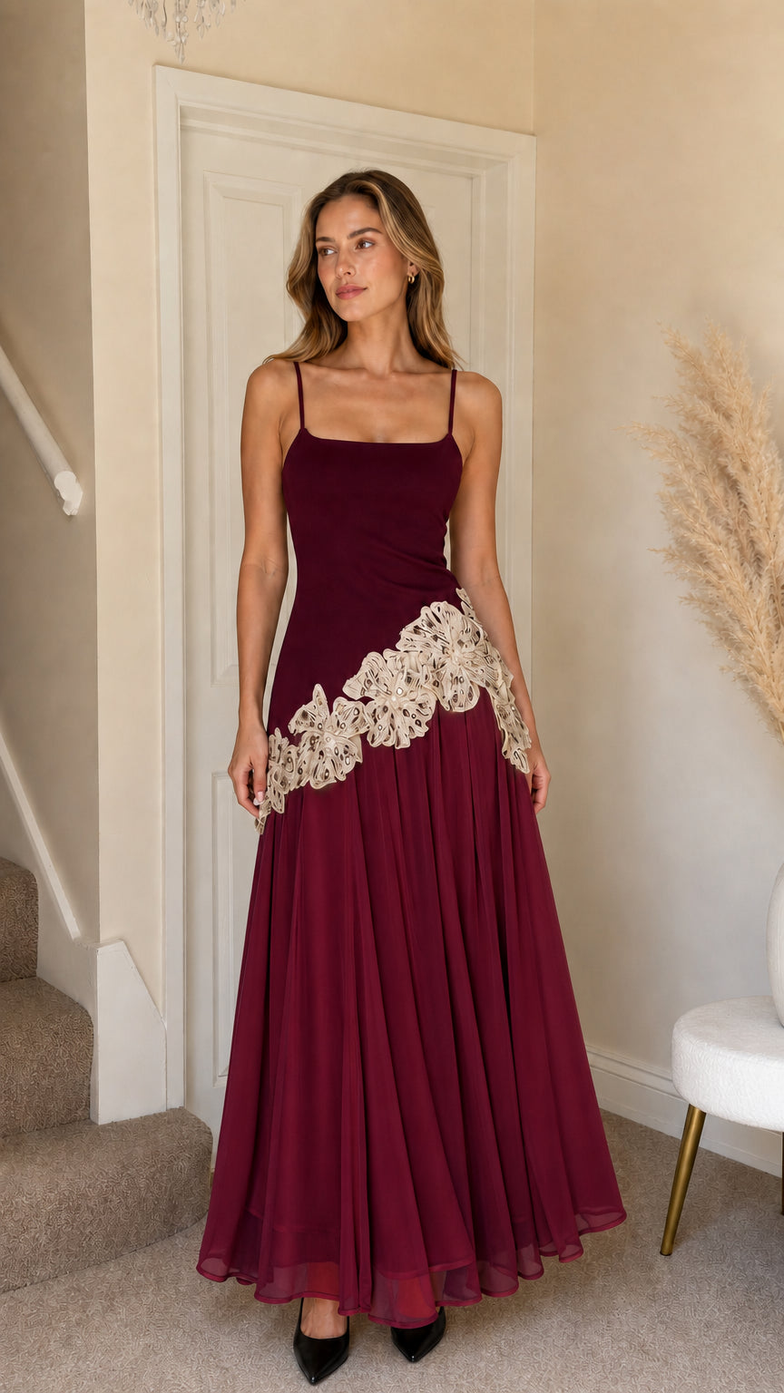 Front full view of Burgundy long dress