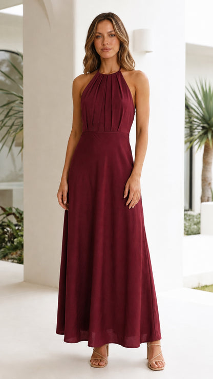 Elegance Halter Pleated Maxi Dress in Burgundy