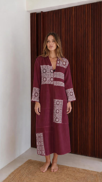 Model wearing burgundy boho patchwork lace long sleeve maxi dress