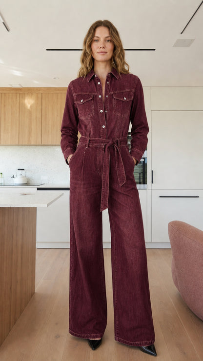 Model wearing burgundy denim jumpsuit