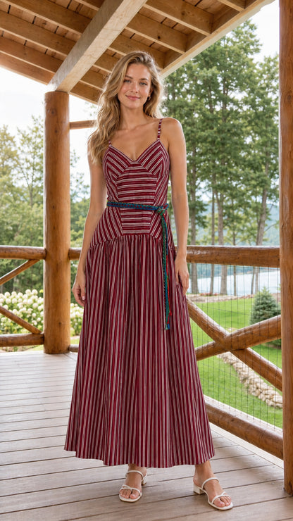 Woman wearing burgundy striped cami maxi dress