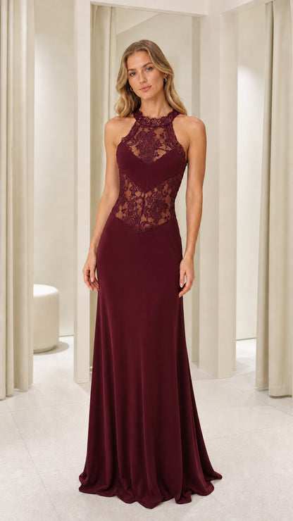 Burgundy color variant of the lace bodice maxi dress