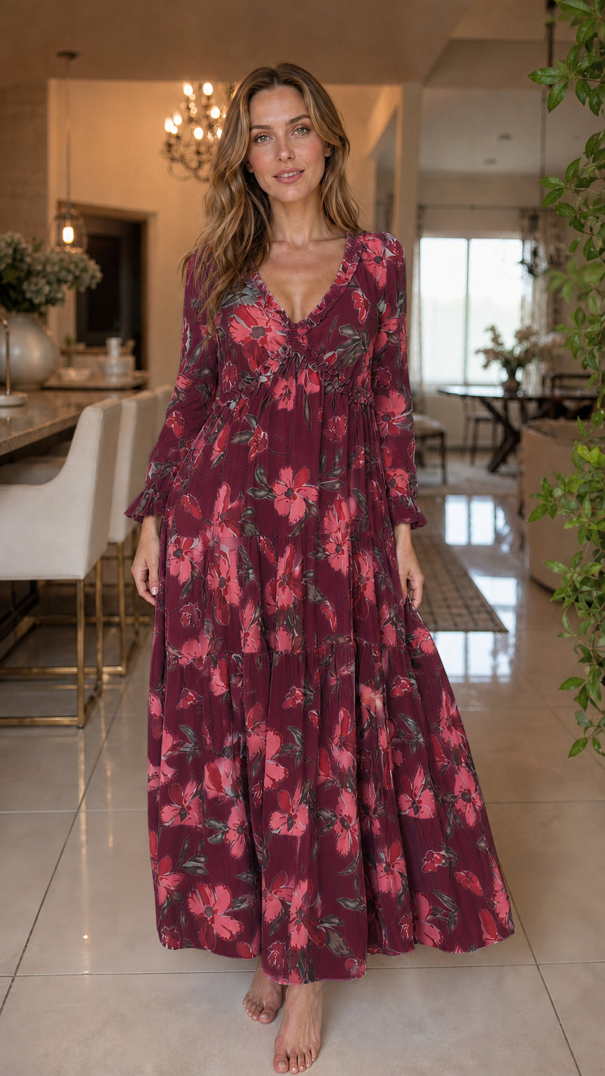 Front view of burgundy floral long sleeve tiered maxi dress