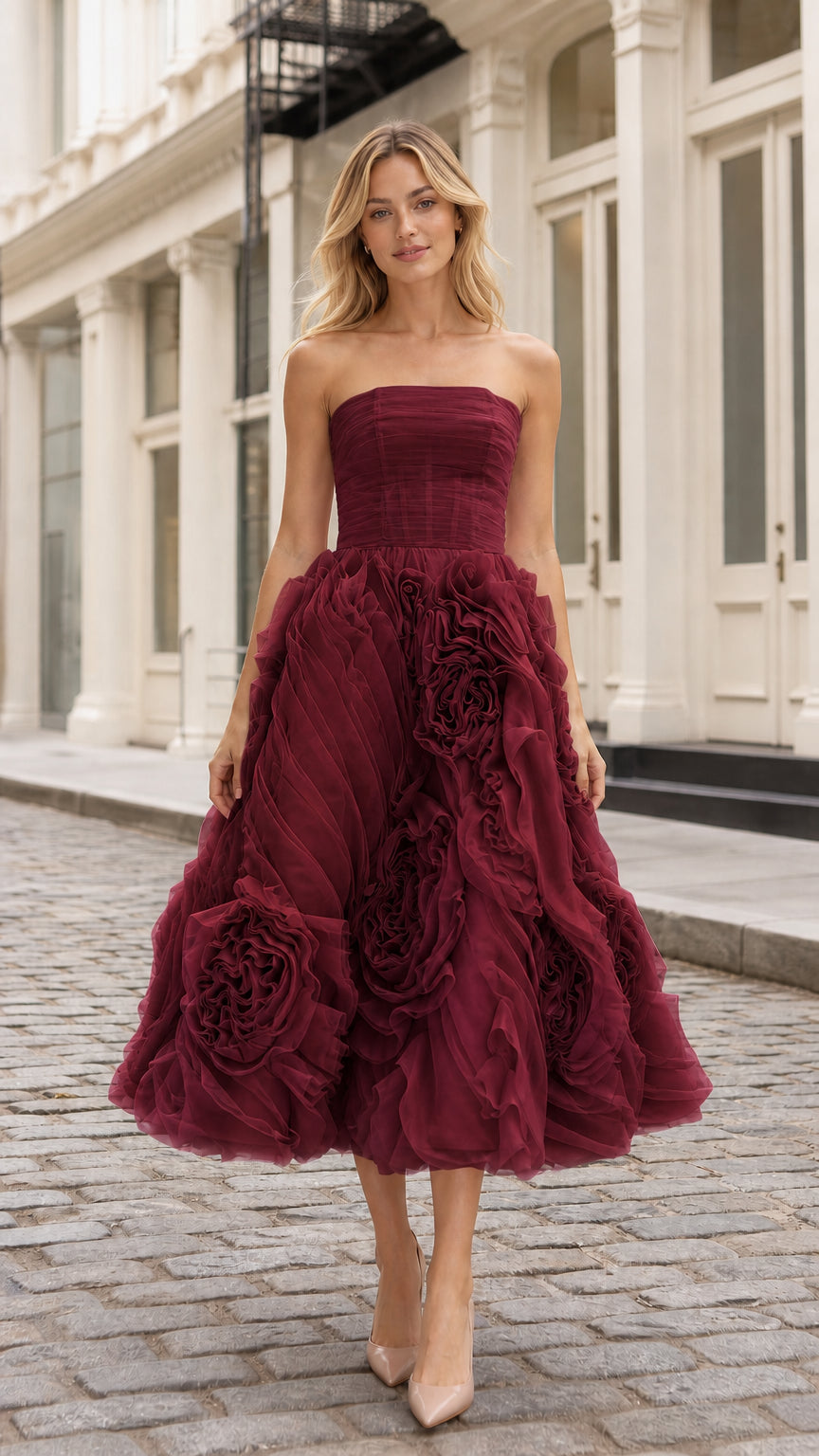 Front view of burgundy strapless tulle midi dress
