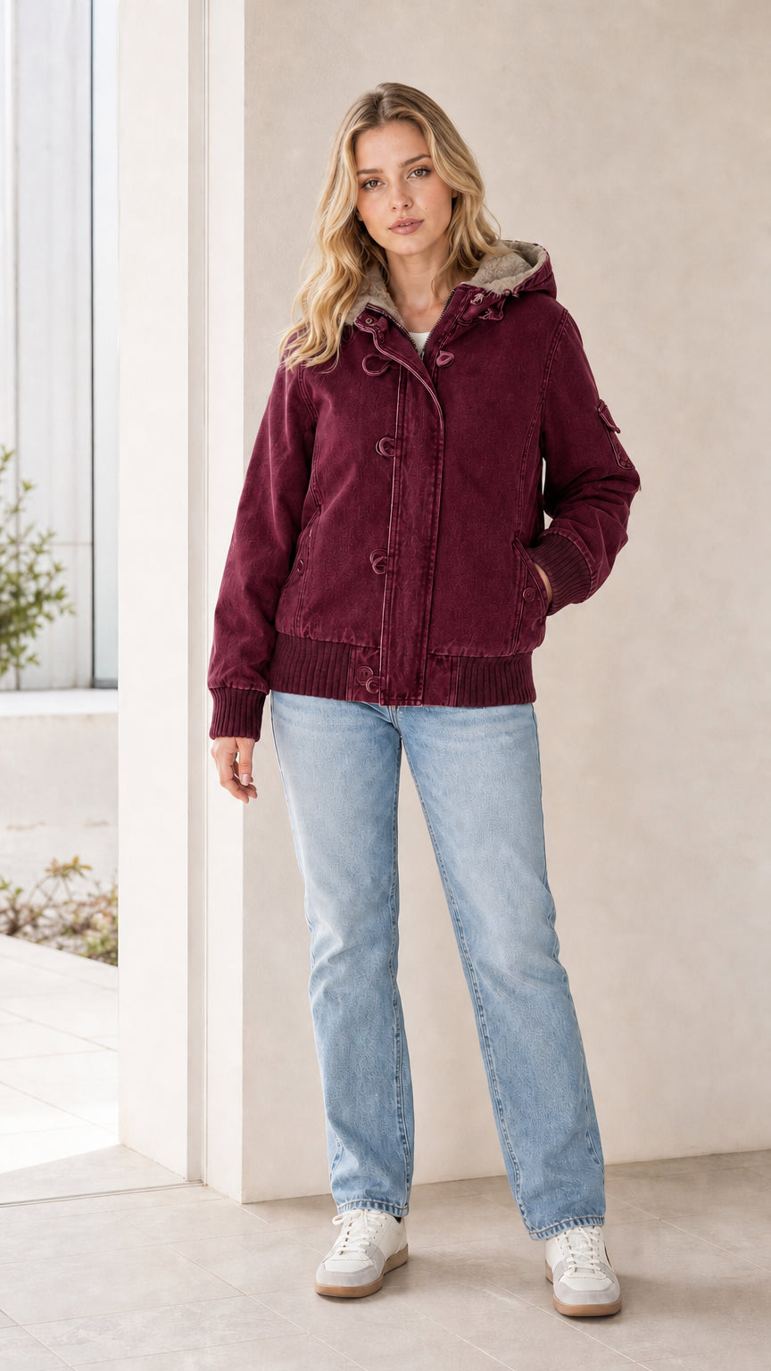 Front full view of the jacket in burgundy color